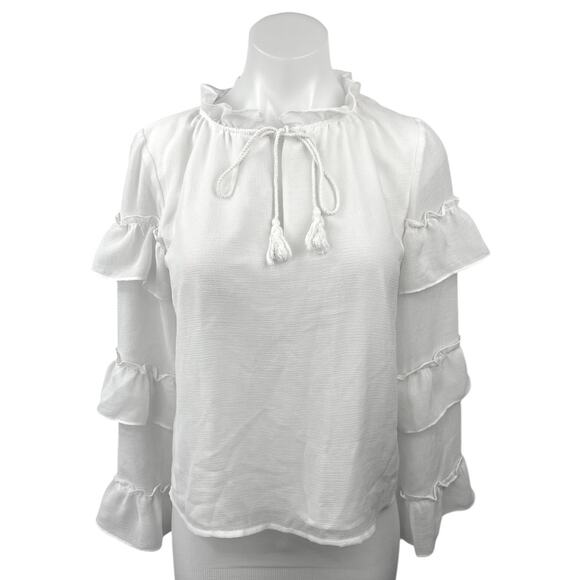 BB Dakota White Chiffon Ruffle Tassels V-neck Long Sleeves Blouse Top Size XS - Picture 1 of 5